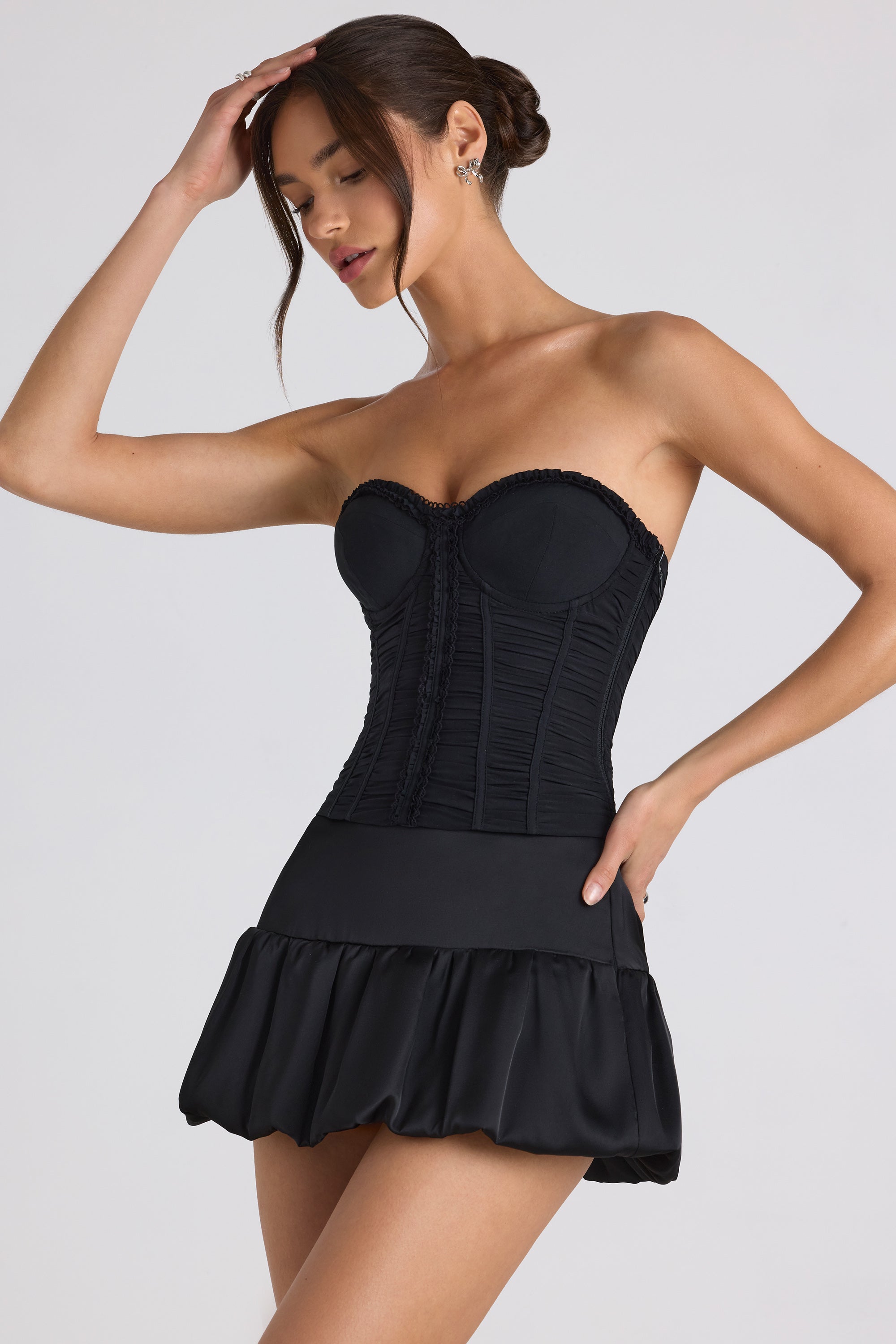 Melvina Ruched Lace-Up Strapless Corset Top in Black | Oh Polly