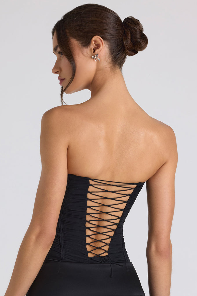 Ruched Lace-Up Strapless Corset Top in Black