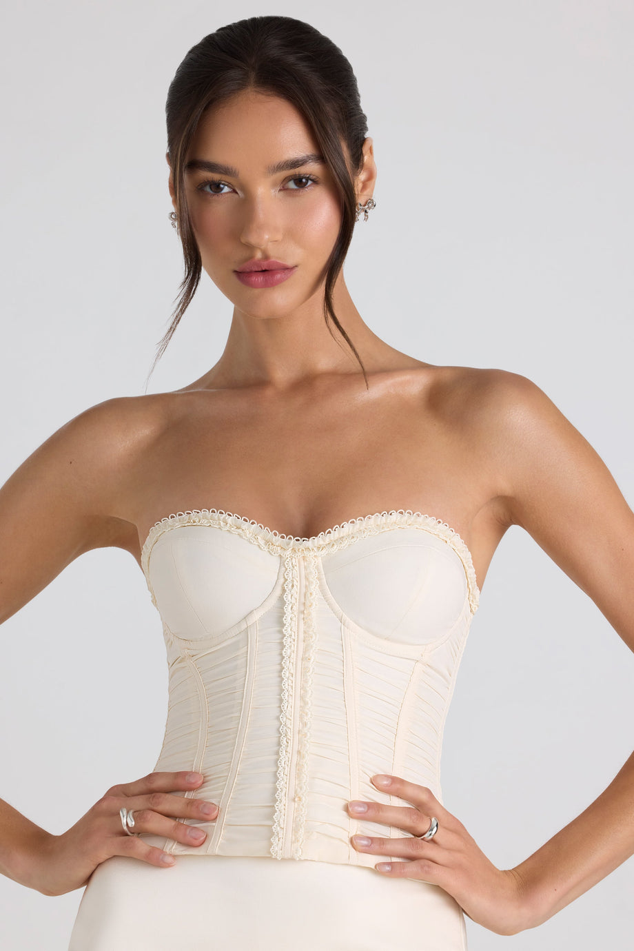 Ruched Lace-Up Strapless Corset Top in Ivory