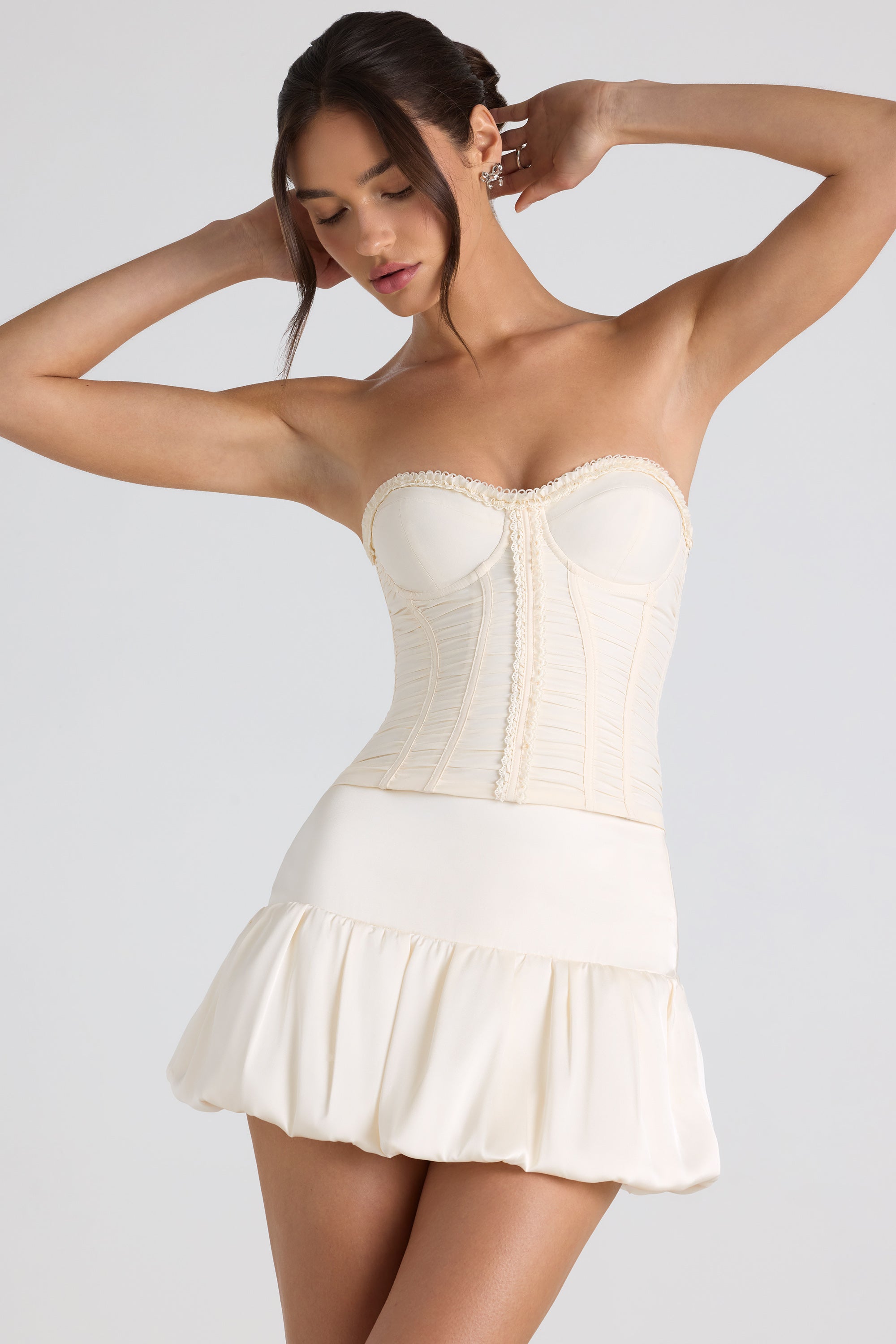 Melvina Ruched Lace-Up Strapless Corset Top in Ivory | Oh Polly