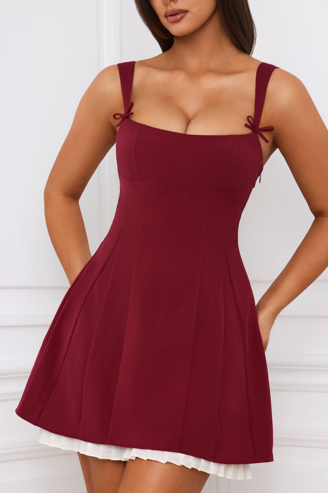 Bow-Detail Pleated A-Line Mini Dress in Berry Red