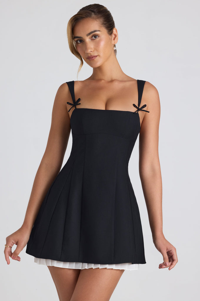 Bow-Detail Pleated A-Line Mini Dress in Black