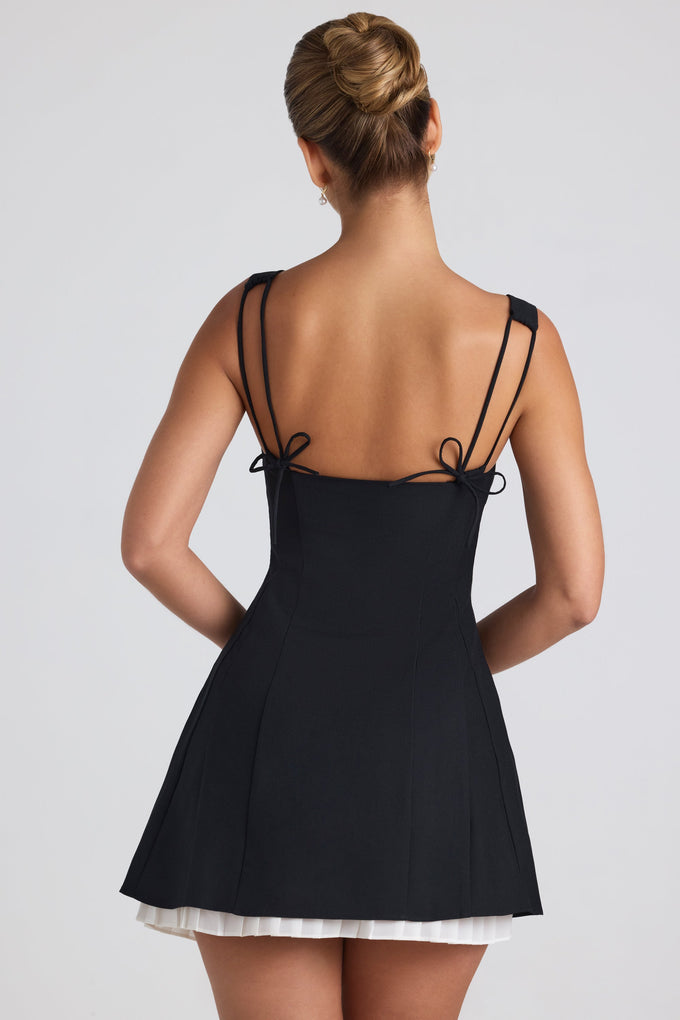 Bow-Detail Pleated A-Line Mini Dress in Black