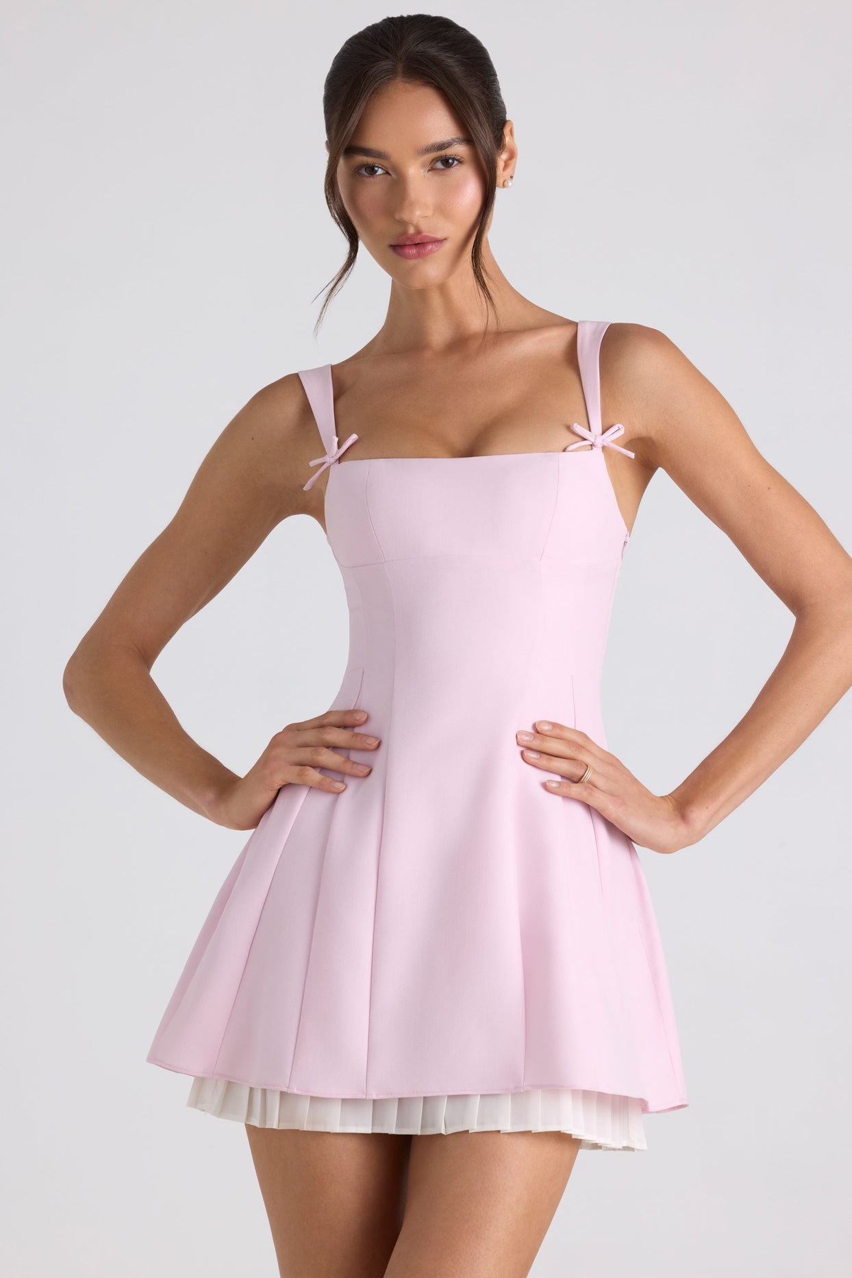 Bow-Detail Pleated A-Line Mini Dress in Soft Pink