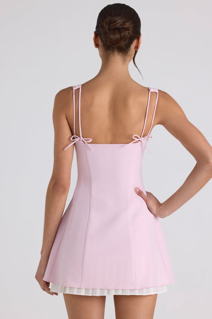 Bow-Embellished Pleated A-Line Mini Dress in Soft Pink