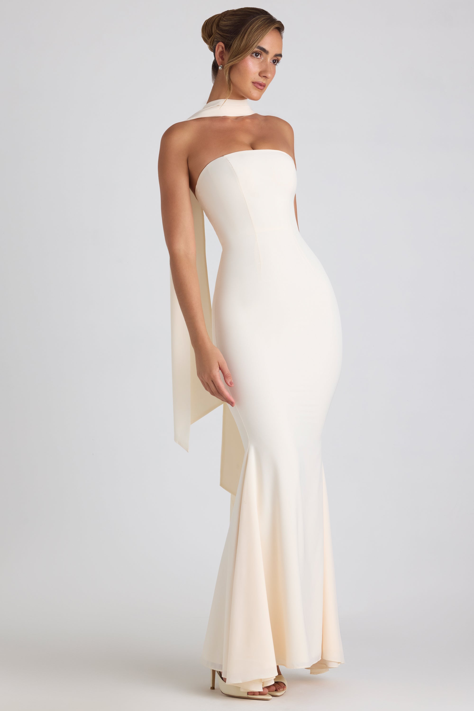 Scarf-Detail Strapless Gown in Ivory