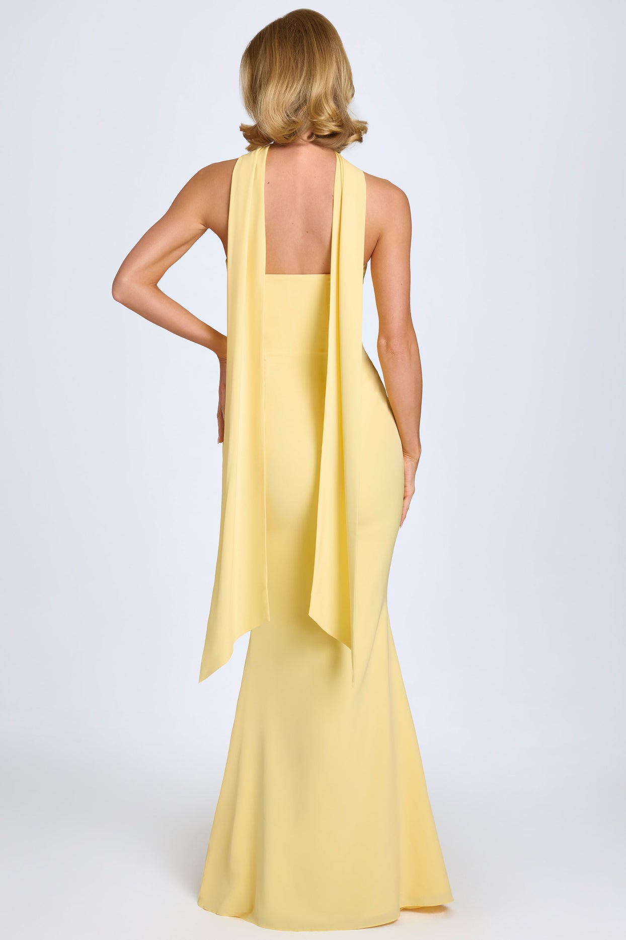 Scarf-Detail Strapless Gown in Pastel Yellow
