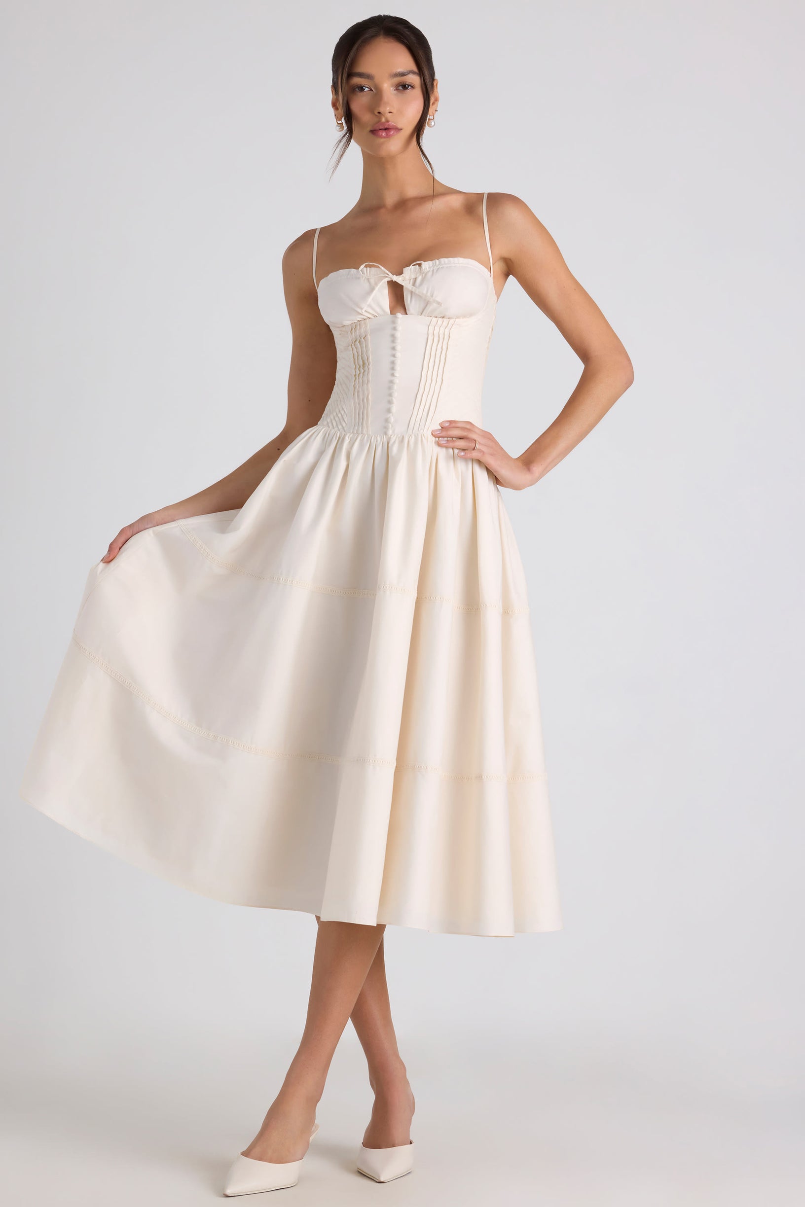 Lace-Trim Pintucked Poplin Midaxi Dress in Ivory - 1