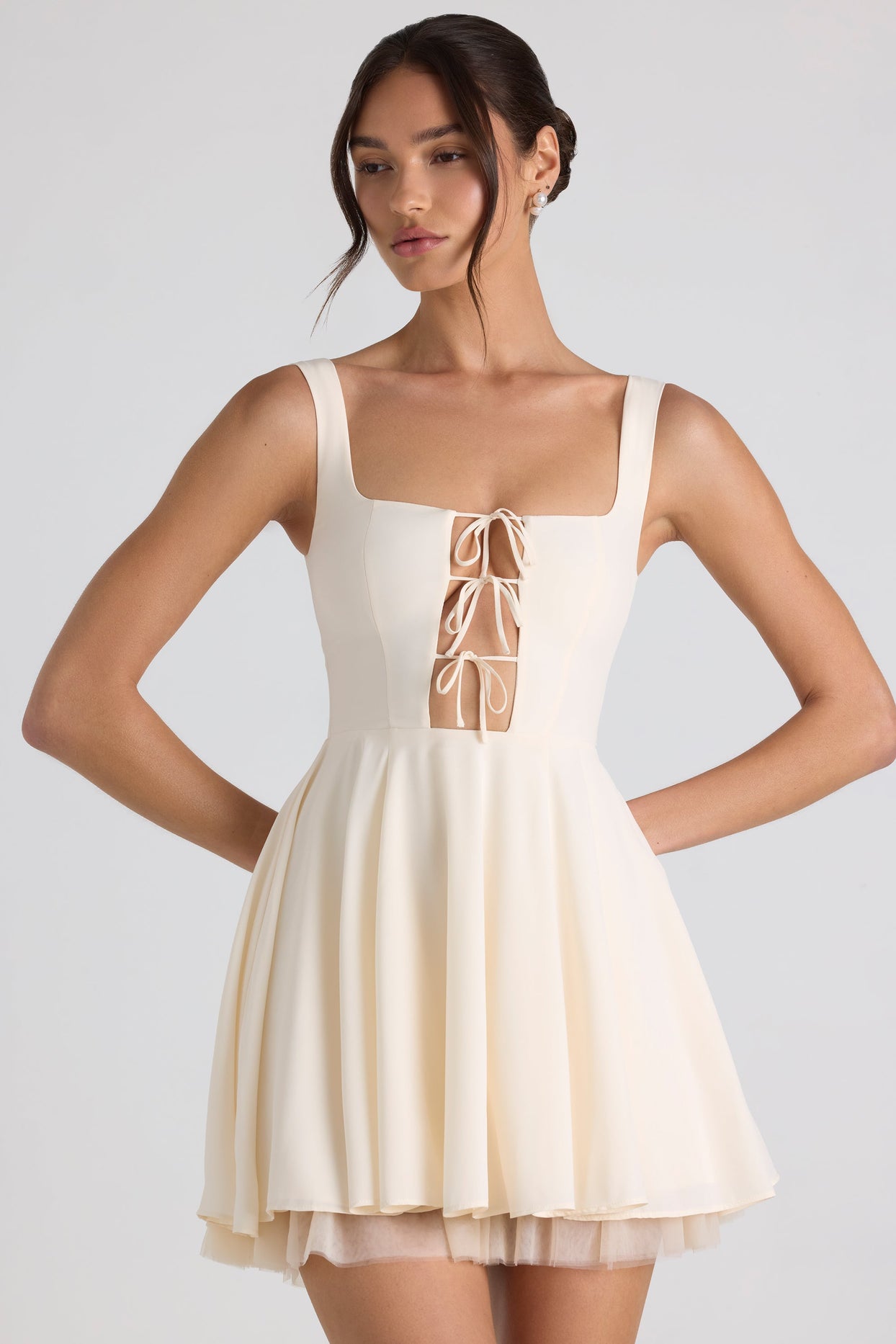 Tie-Detail A-Line Micro Mini Dress in Ivory