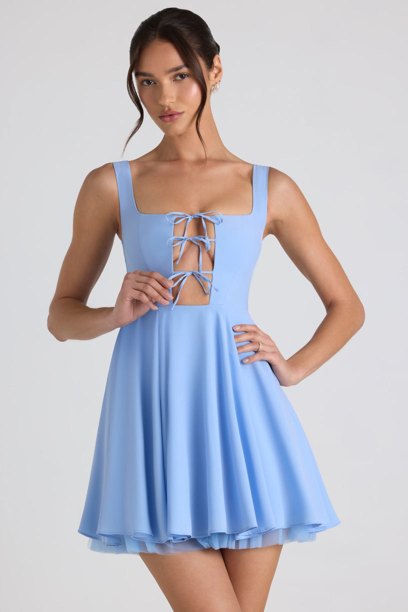 Tie-Detail A-Line Micro Mini Dress in Sky Blue - 1