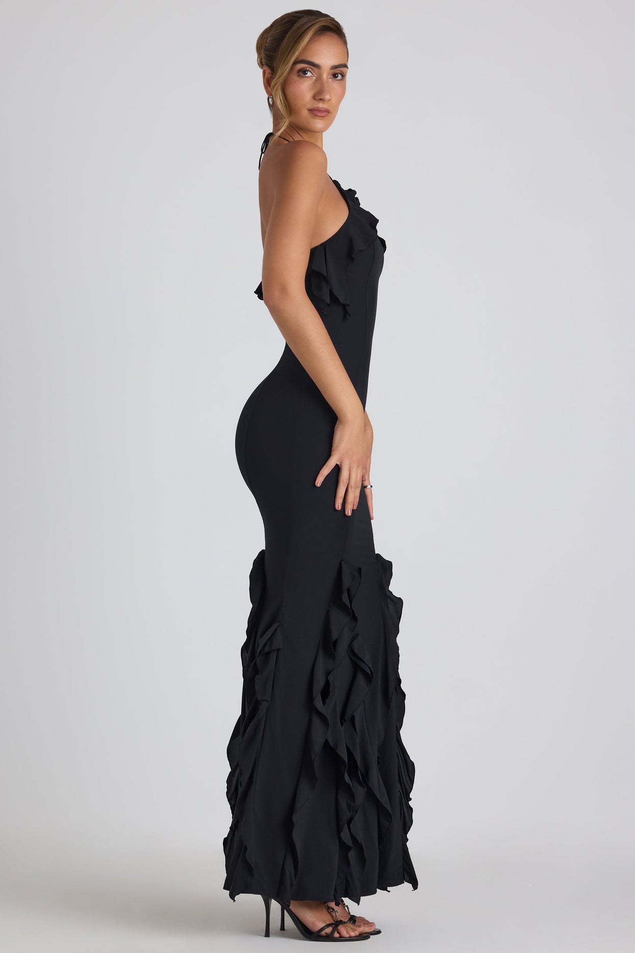 Ruffle-Trim Halterneck Gown in Black