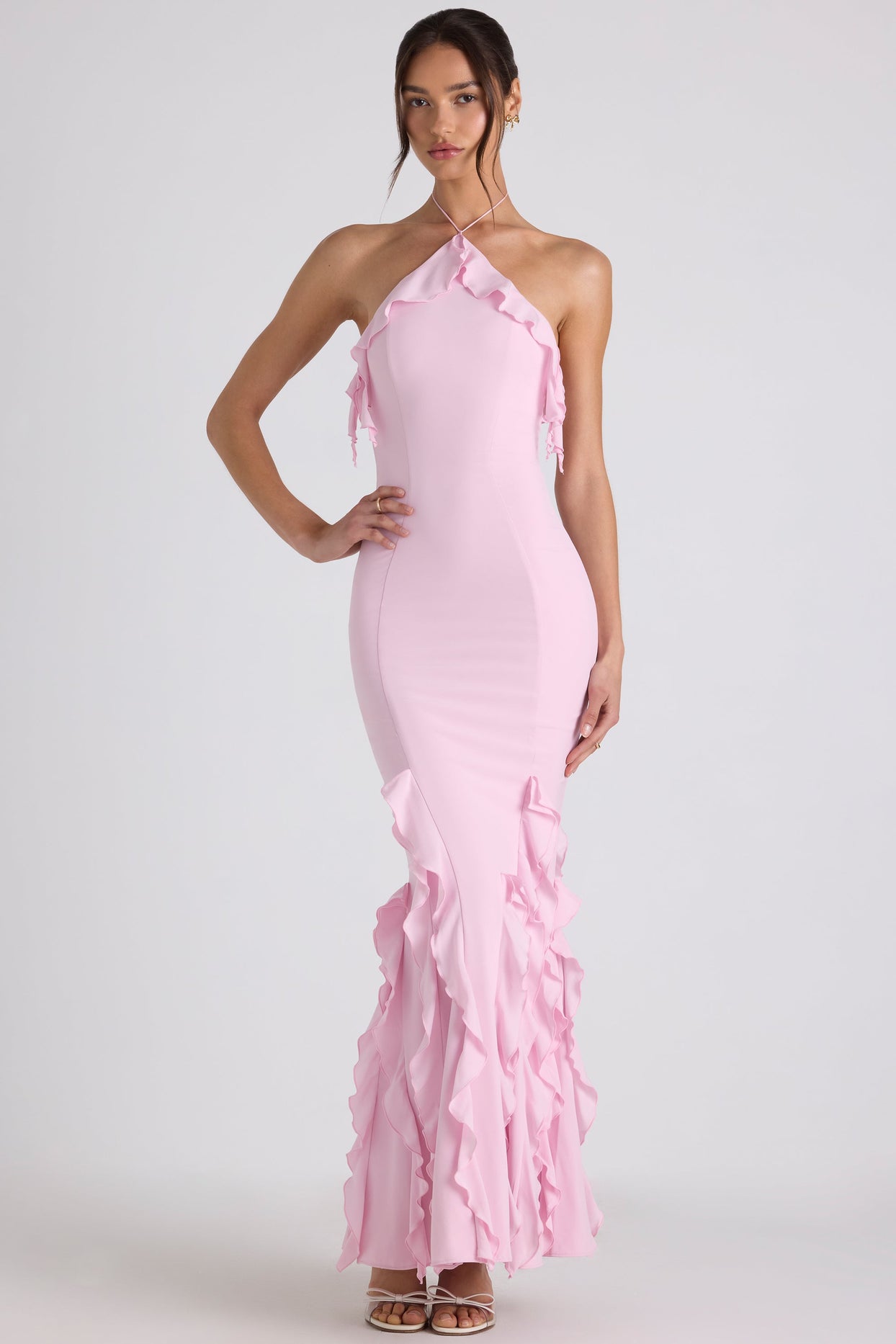 Ruffle-Trim Halterneck Gown in Soft Pink - Main Image