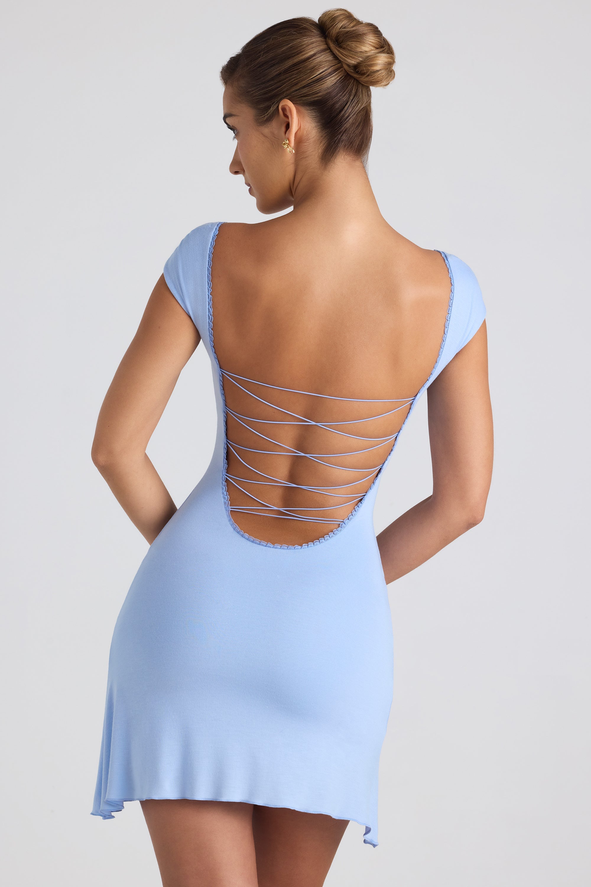 Joss Modal Asymmetric Lace Up A Line Mini Dress in Sky Blue Oh Polly