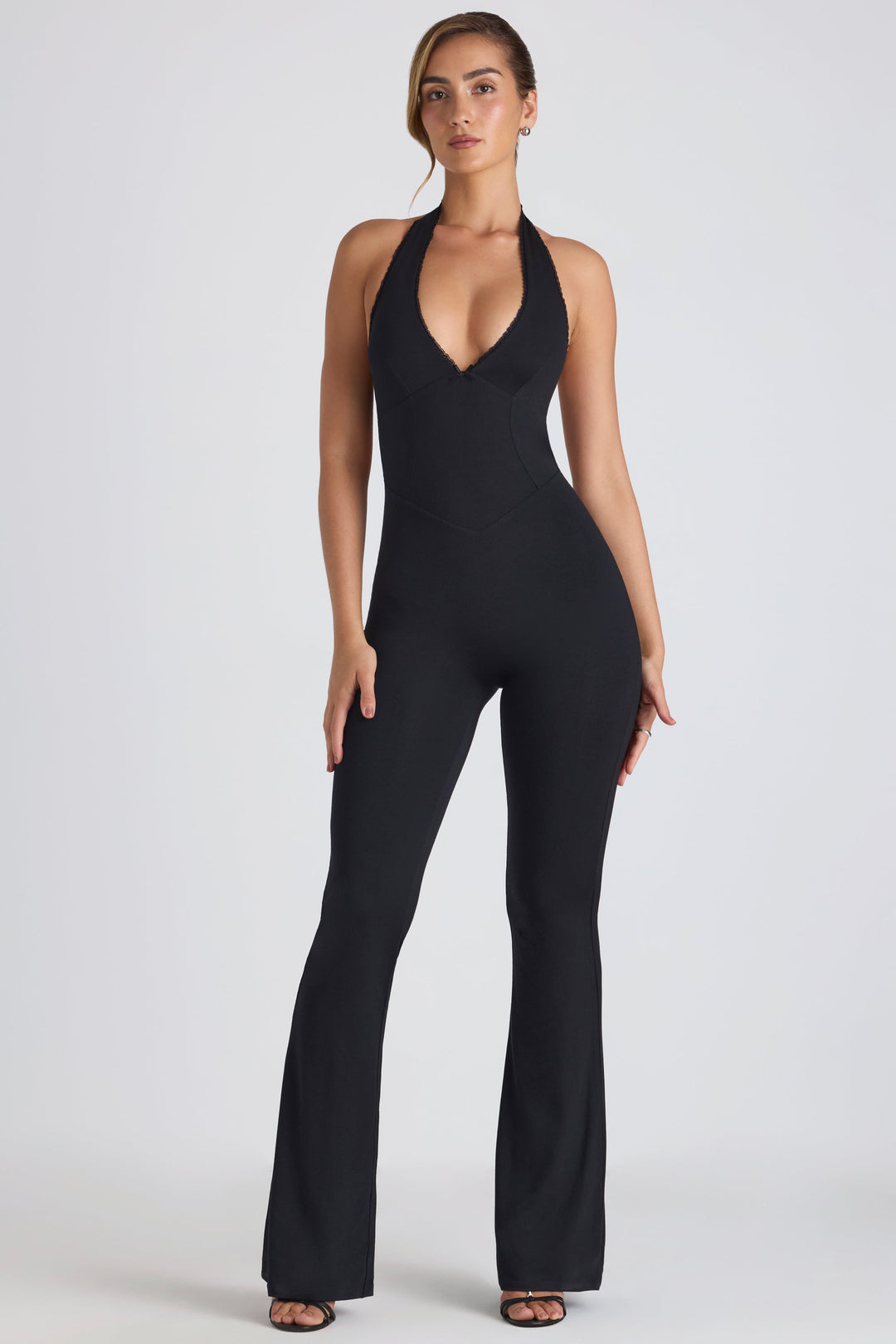 Pema Tall Modal Lace-Trim Cut-Out Flared Jumpsuit in Black | Oh Polly