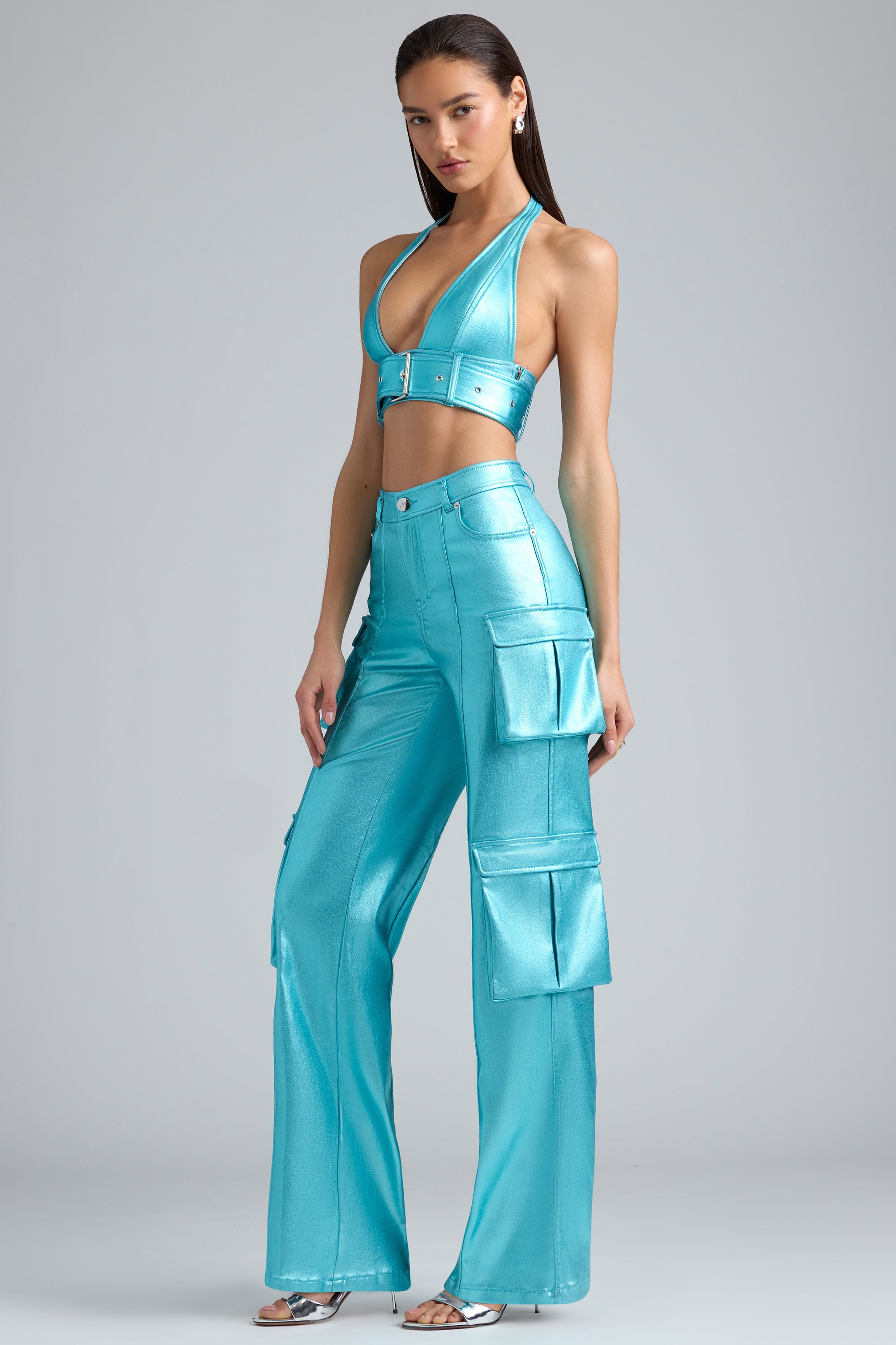 Metallic Denim Cargo Trousers in Aqua