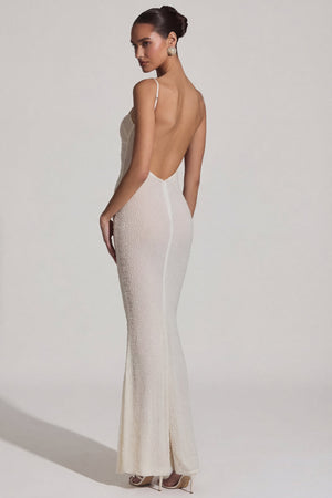 Oh Polly's Rona wearing the Duhamel Gown Length Dress in White Embellished fabric perfect for elegant evening events