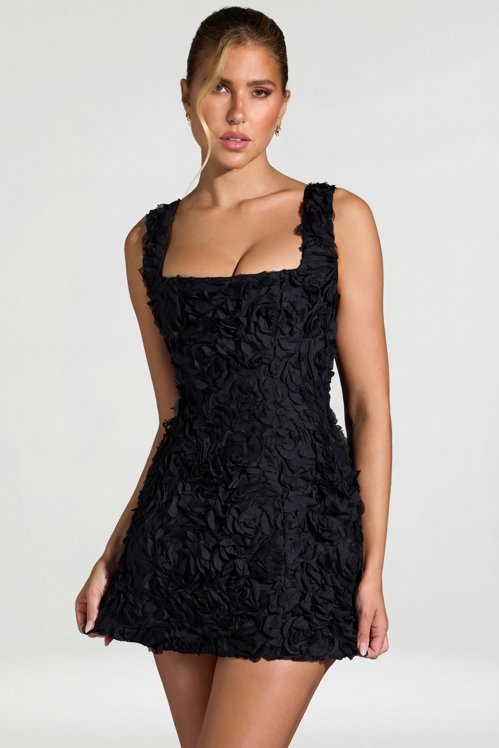 Floral-Appliqué Square-Neck Corset Mini Dress in Black - 2