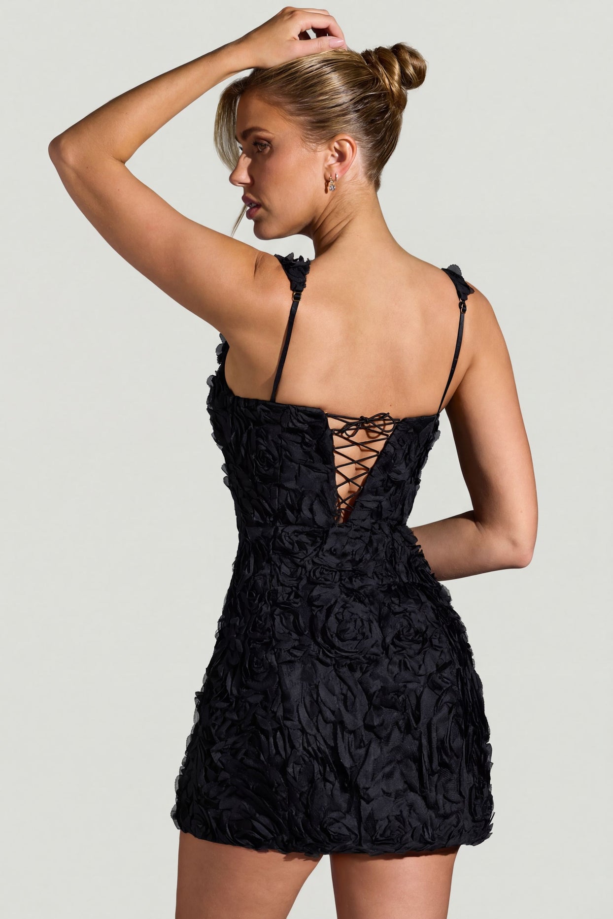 Floral-Appliqué Square-Neck Corset Mini Dress in Black - 7