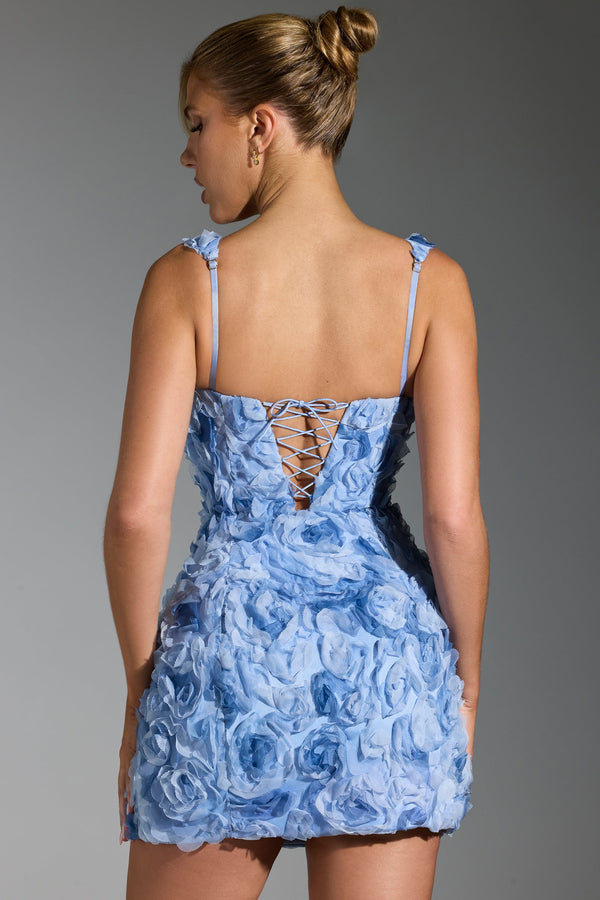 Floral-Appliqué Square-Neck Corset Mini Dress in Blue - 2