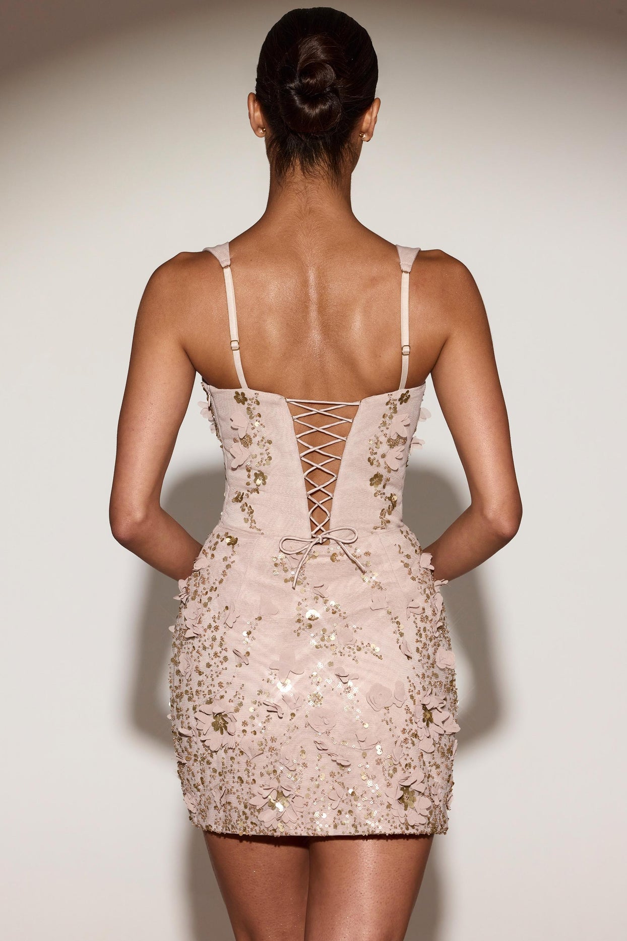 Embellished Appliqué Corset Mini Dress in Pale Gold - 3