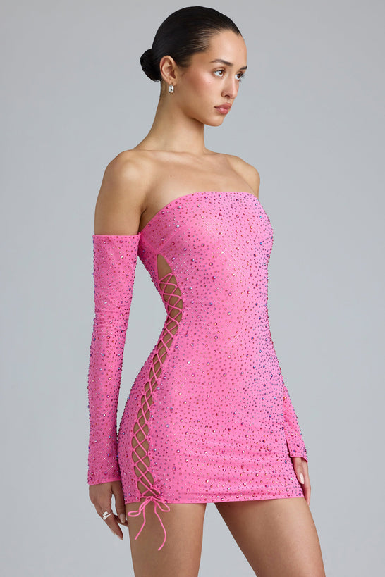Embellished Lace-Up Off-Shoulder Mini Dress in Bubblegum Pink