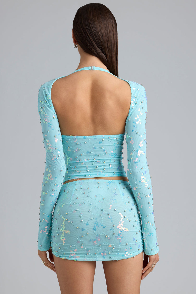 Embellished Cut-Out Halterneck Top in Ice Blue - 2