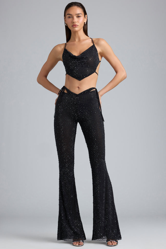 Embellished Cut-Out Flared Trousers in Black