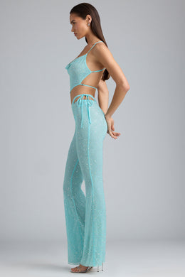 Petite Embellished Cut-Out Flared Trousers in Ice Blue