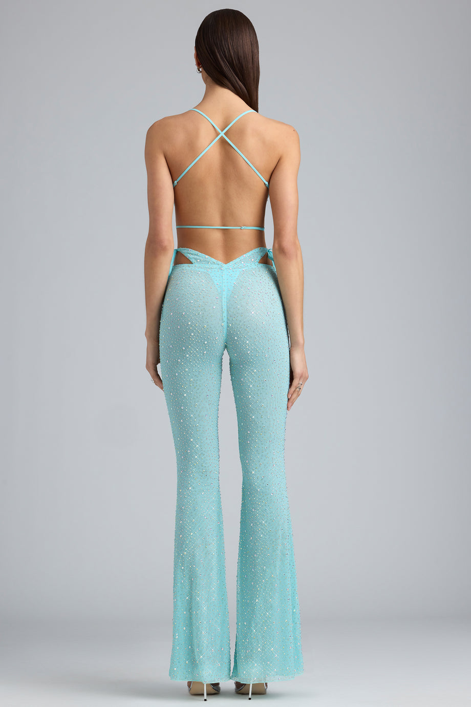 Petite Embellished Cut-Out Flared Trousers in Ice Blue