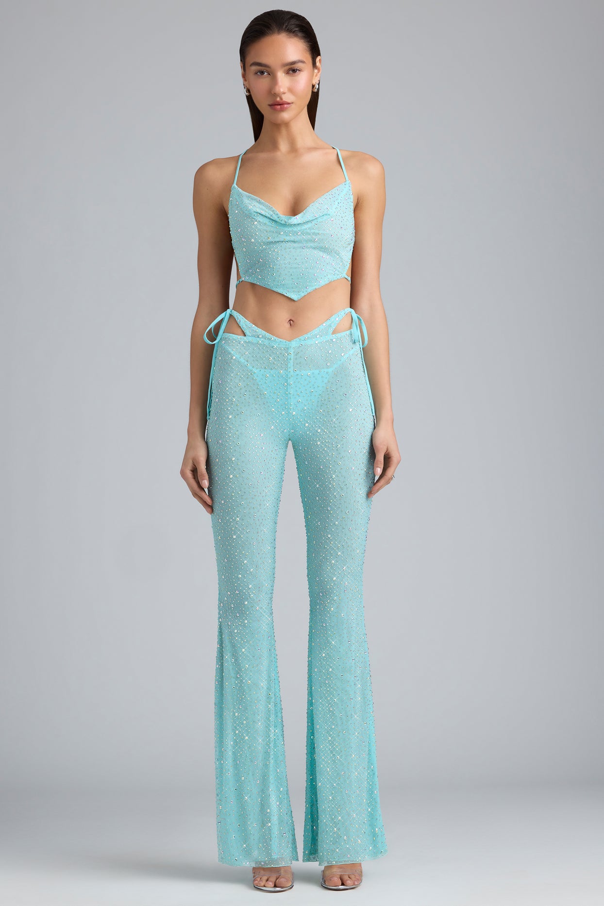 Petite Embellished Cut-Out Flared Trousers in Ice Blue