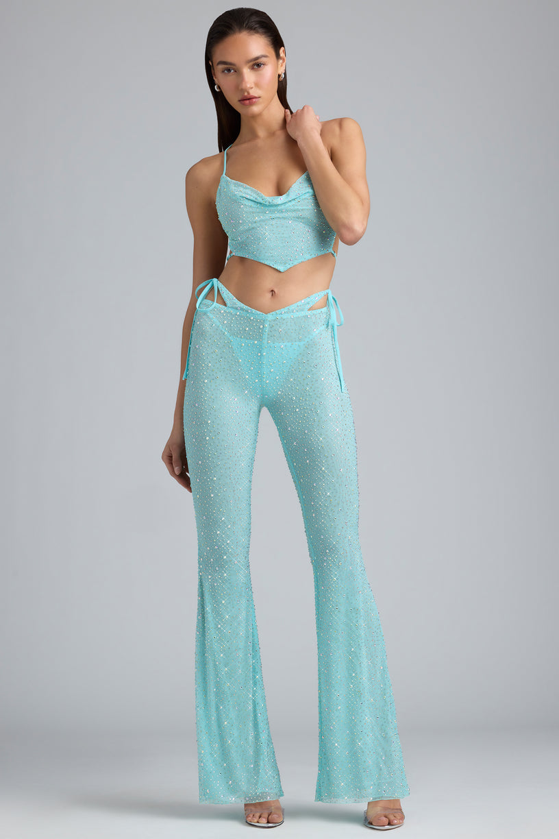 Embellished Cut-Out Flared Trousers in Ice Blue - 1