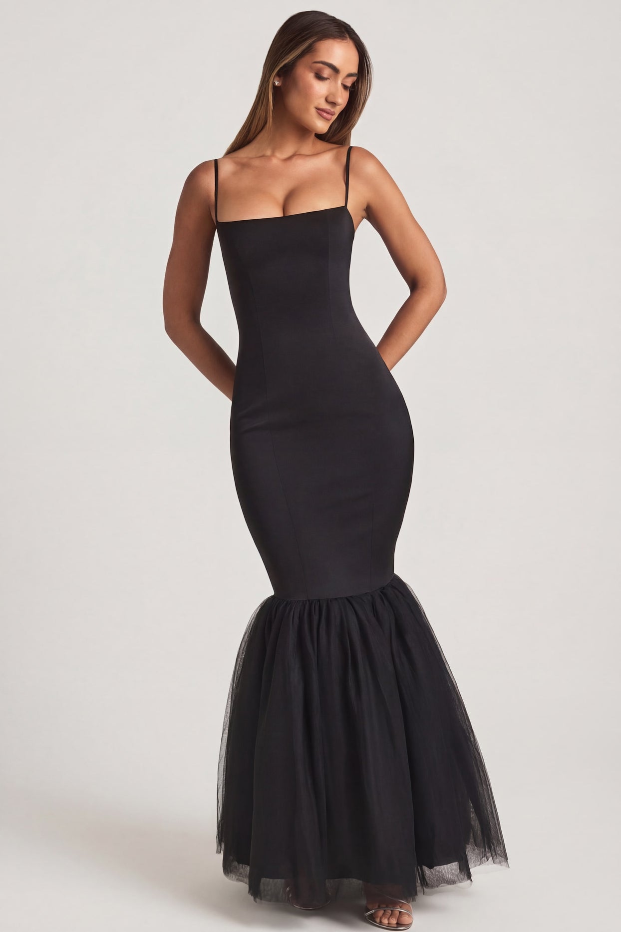 Tulle Hem Fishtail Gown in Black - 5