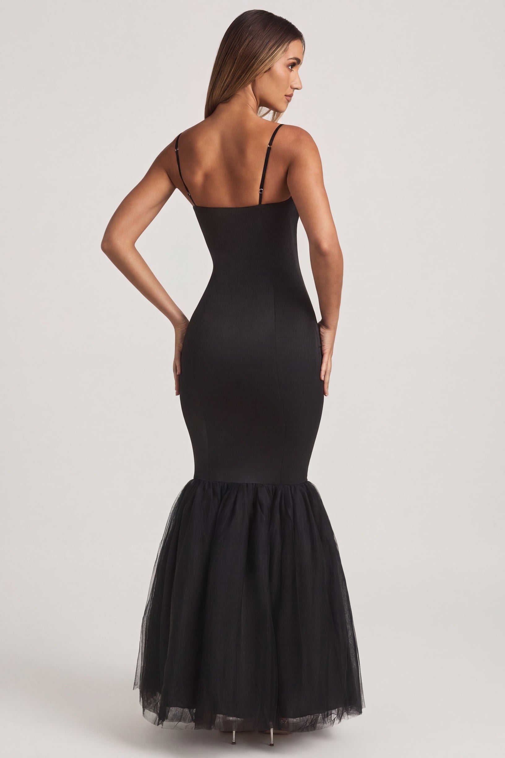 Tulle Hem Fishtail Gown in Black - 2