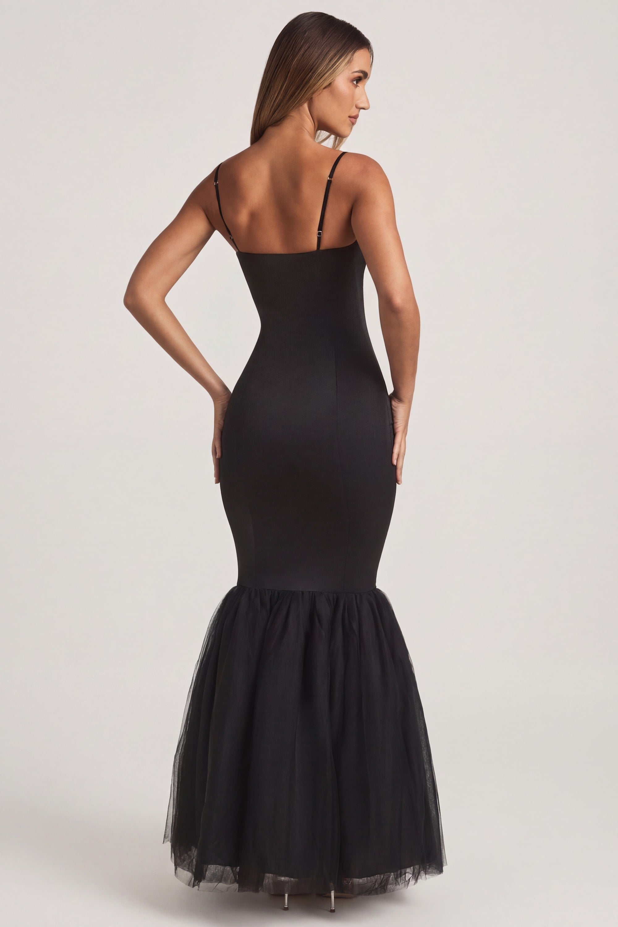 Tulle Hem Fishtail Gown in Black - 2