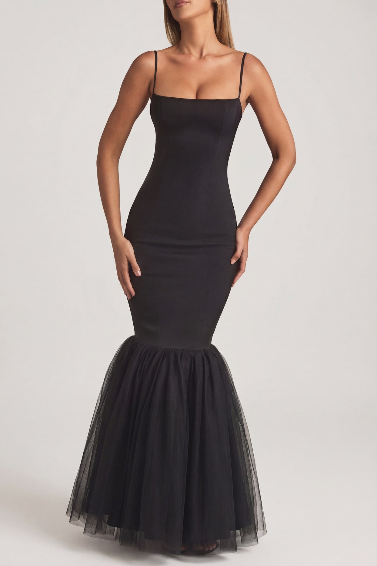Tulle Hem Fishtail Gown in Black - 4