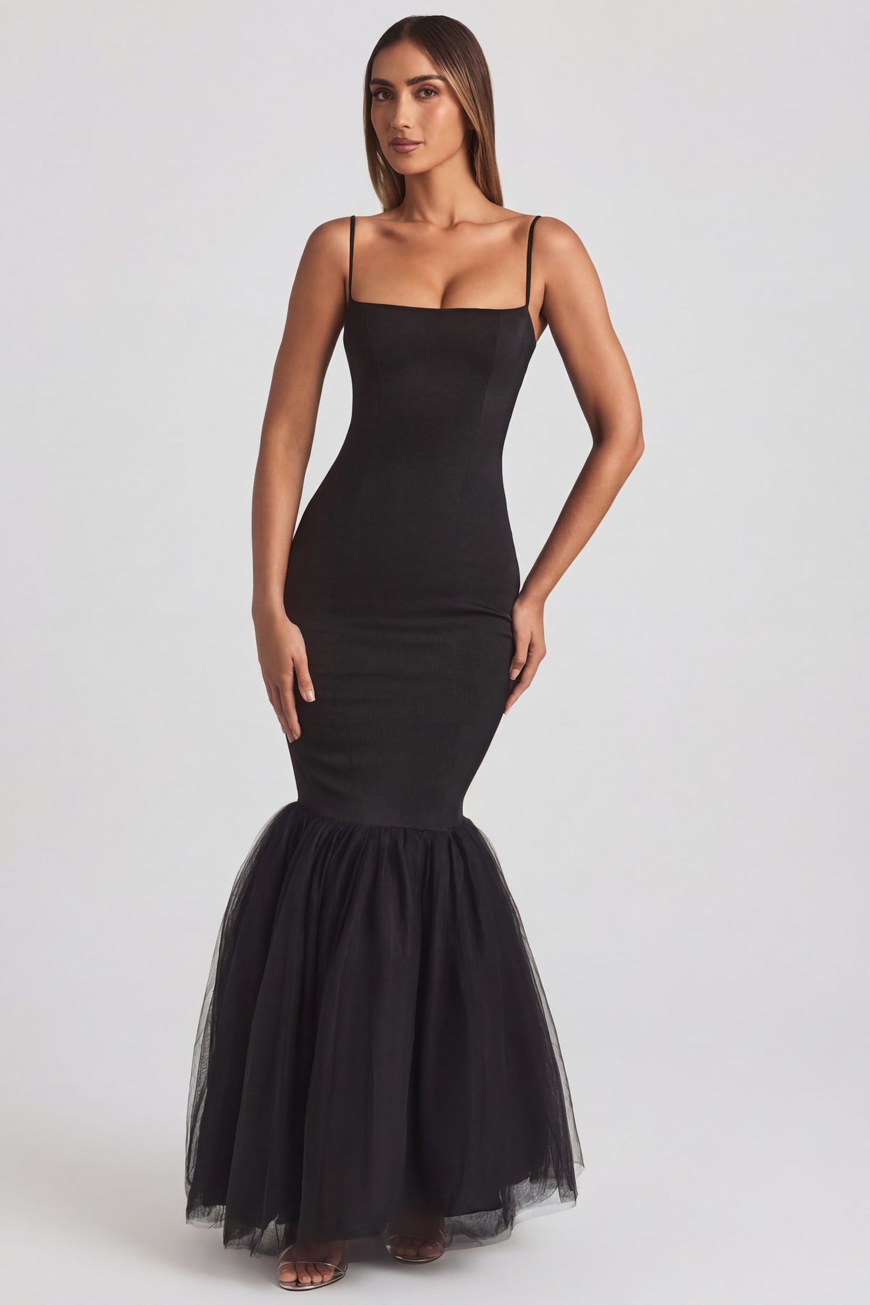 Tulle Hem Fishtail Gown in Black - 1