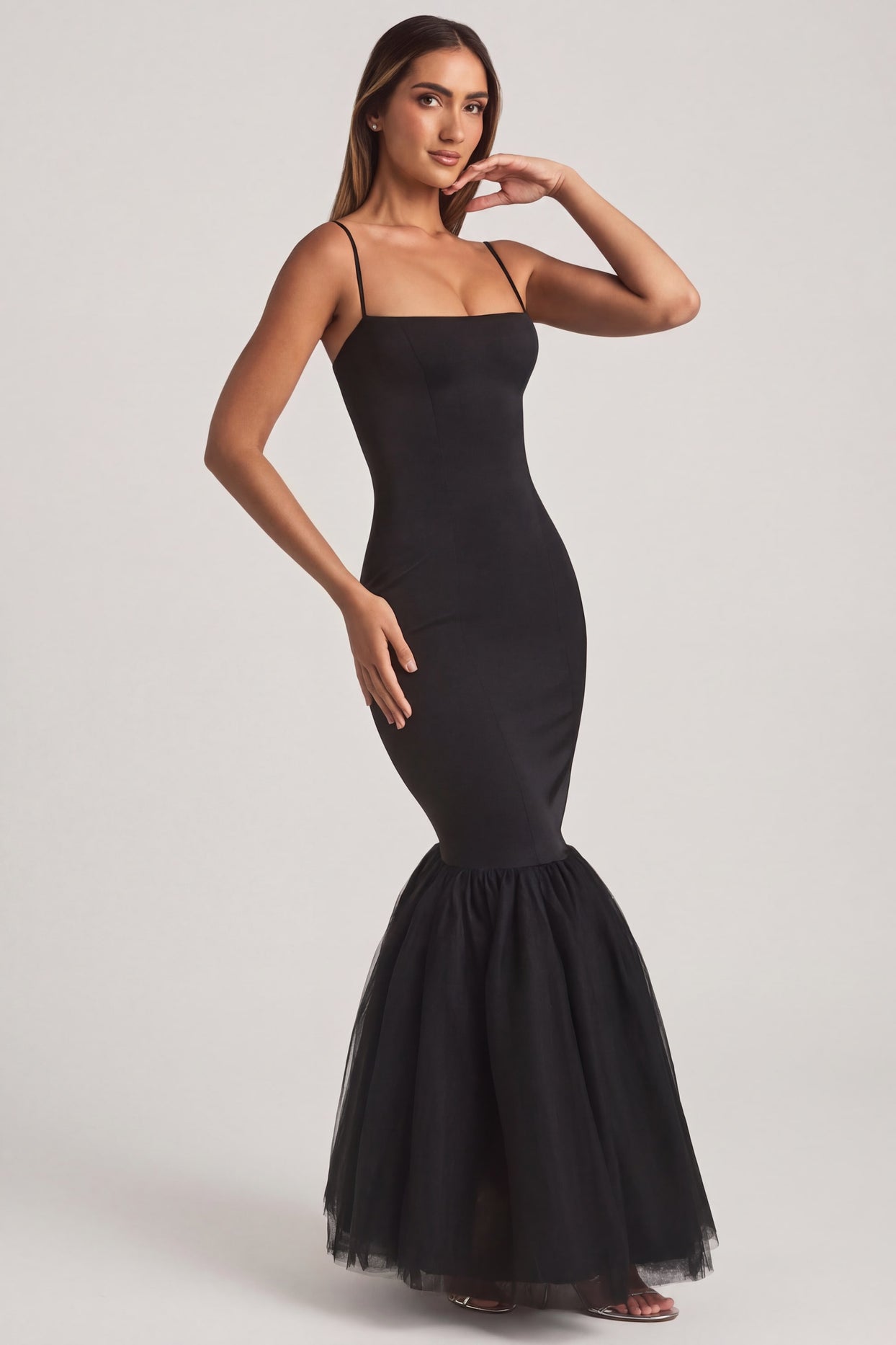 Tulle Hem Fishtail Gown in Black - 6