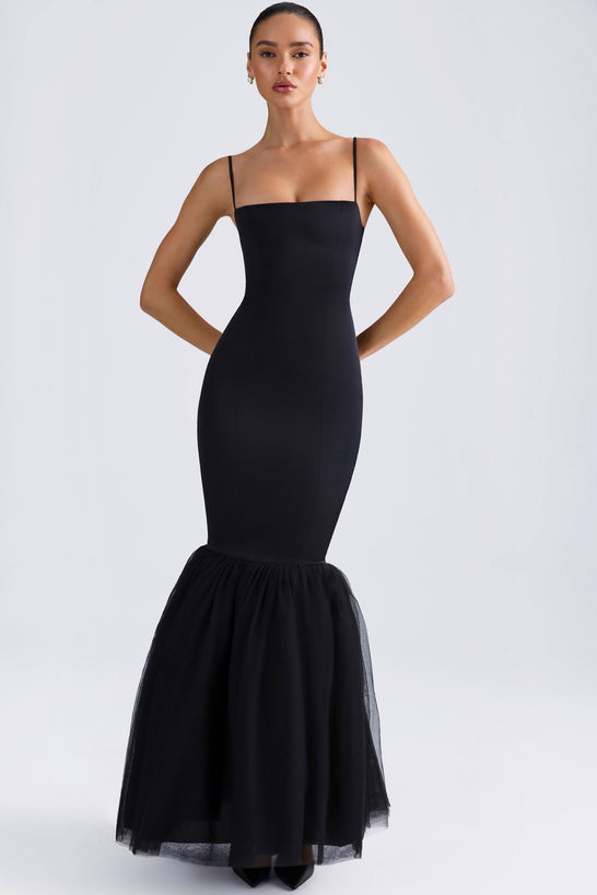 Tulle Hem Fishtail Gown in Black