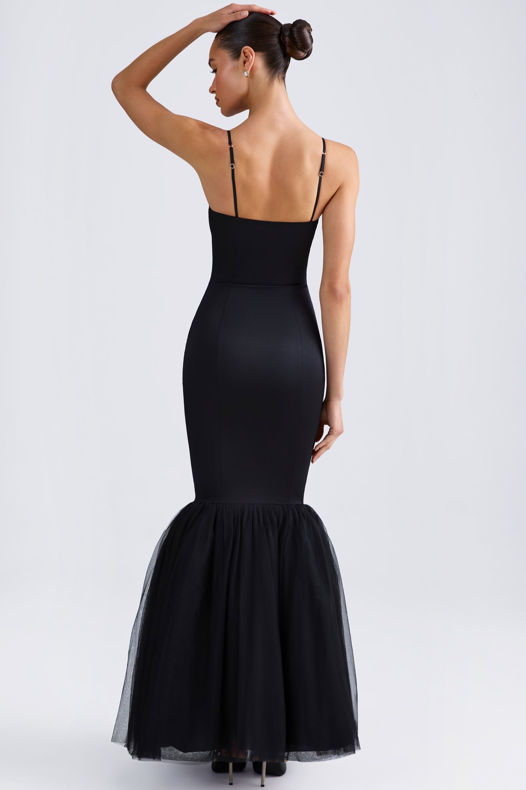 Tulle Hem Fishtail Gown in Black