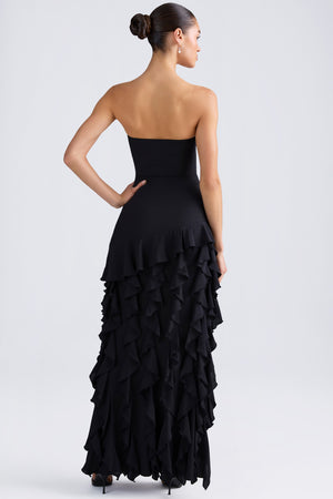 Oh Polly model Anna wearing the Diletta Gown Length Dress in Black Chiffon fabric perfect for formal evening parties