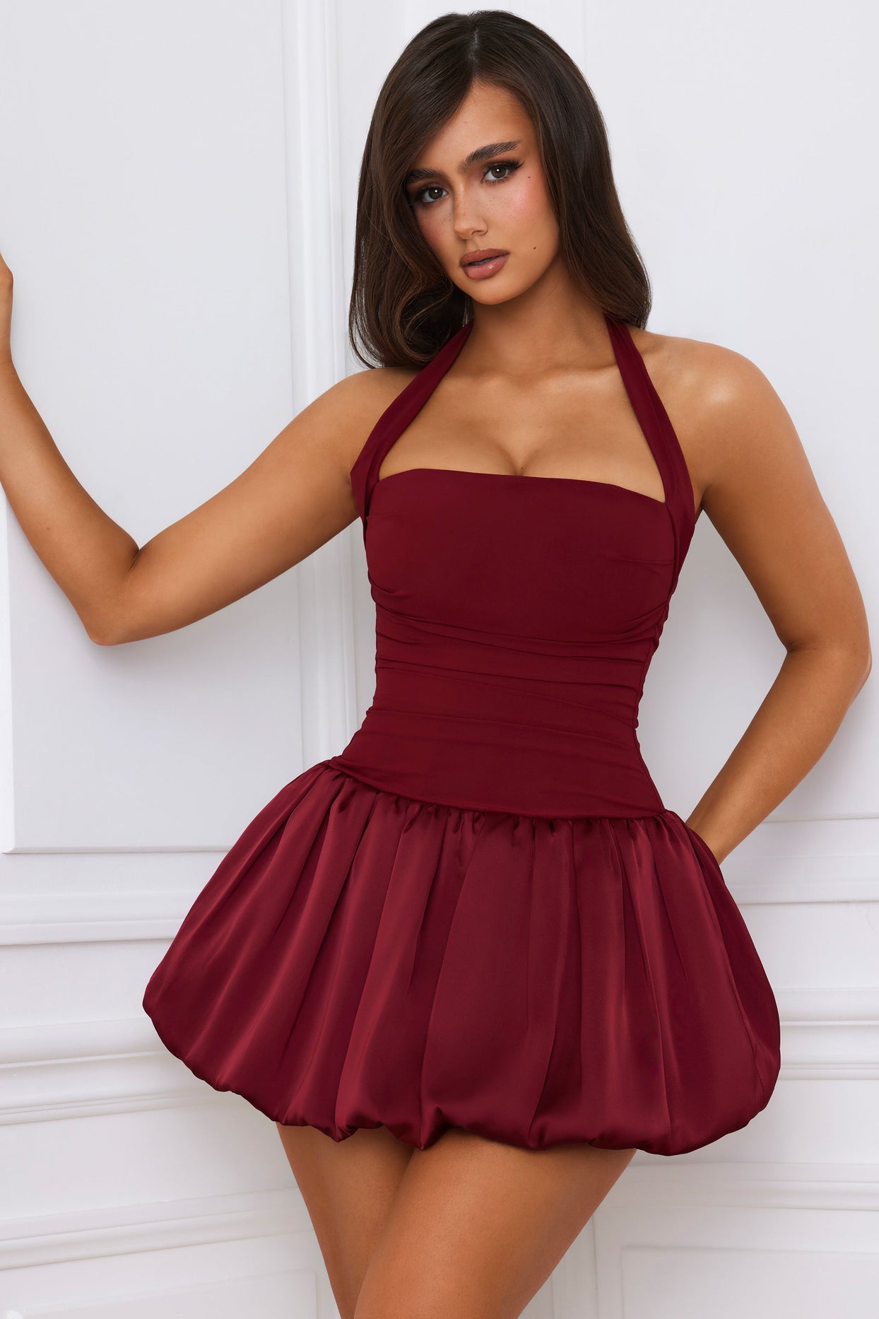 Halterneck Lace-Up Bubble Hem Corset Micro Mini Dress in Berry Red