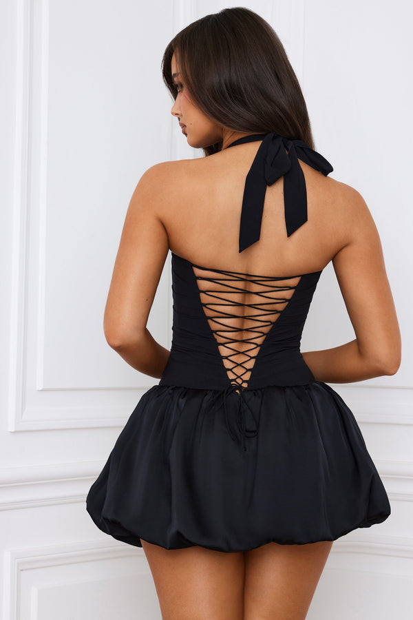 Halterneck Lace-Up Bubble Hem Corset Micro Mini Dress in Black - 2