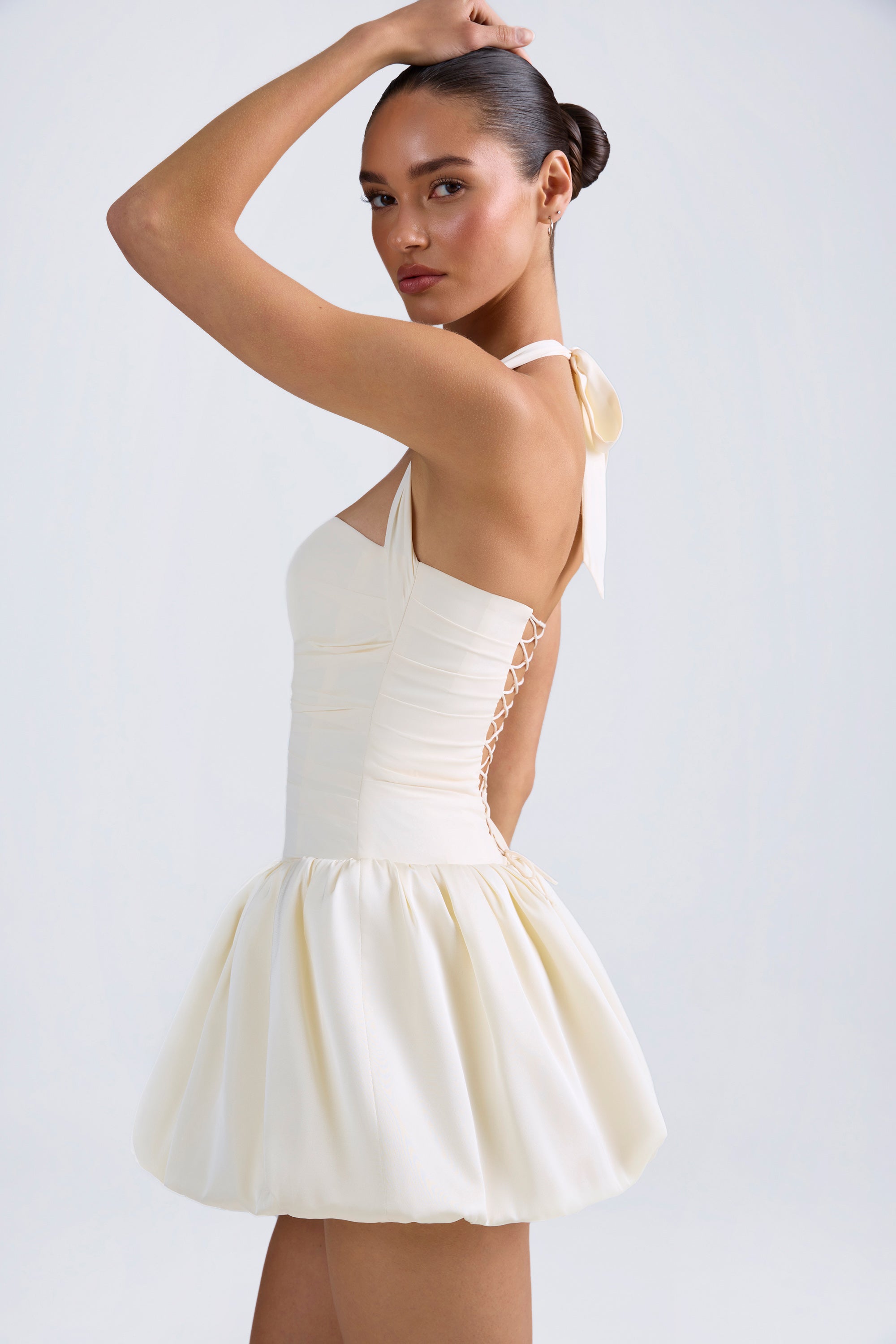 halterneck layered bubble hem corset mini dress in ivory ANDRI Halterneck Layered Bubble Dress by Oh Polly