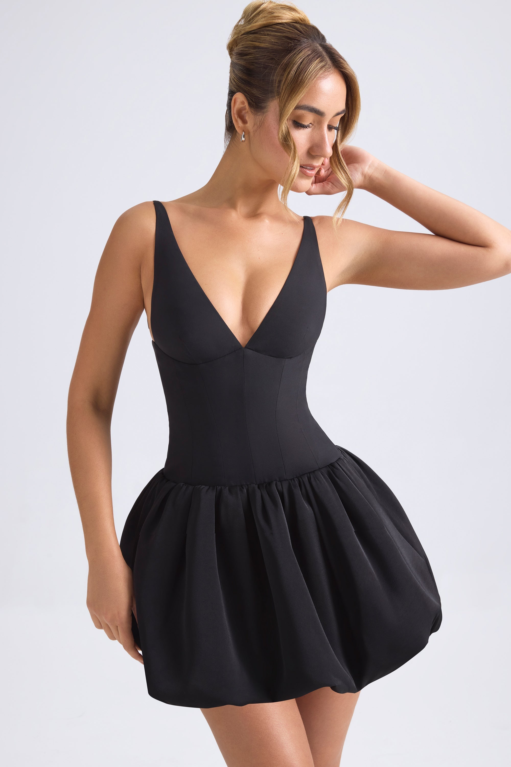 Lace-Up Bubble Hem Corset Micro Mini Dress in Black - 1