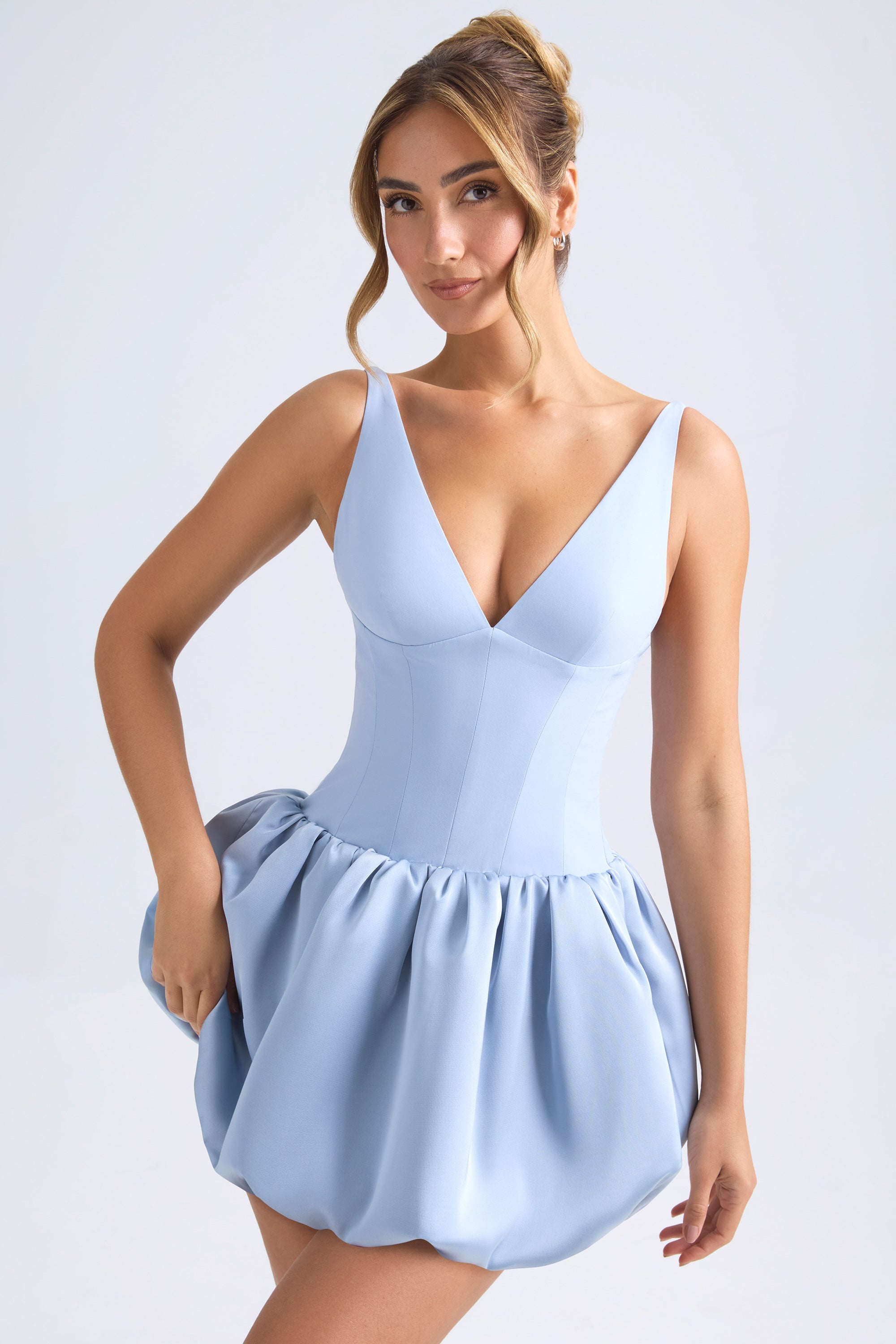 Lace-Up Bubble Hem Corset Micro Mini Dress in Light Blue