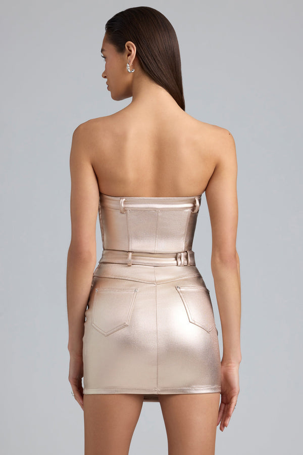 Metallic Denim Belted Strapless Mini Dress in Champagne - 2