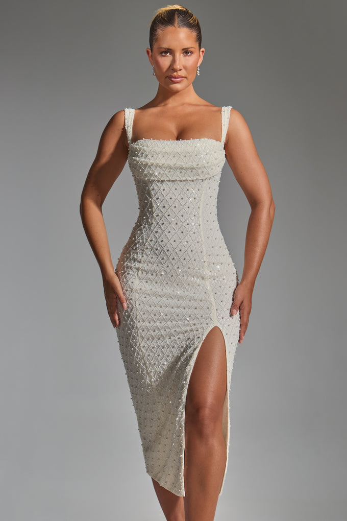Embellished Cowl-Neck Midaxi Dress in White
