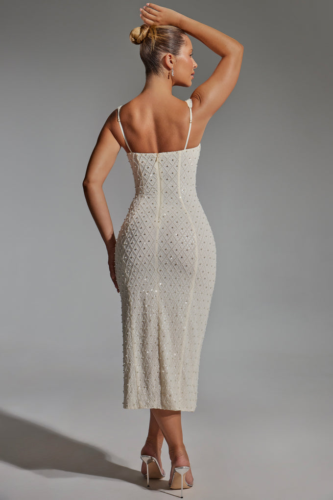 Embellished Cowl-Neck Midaxi Dress in White