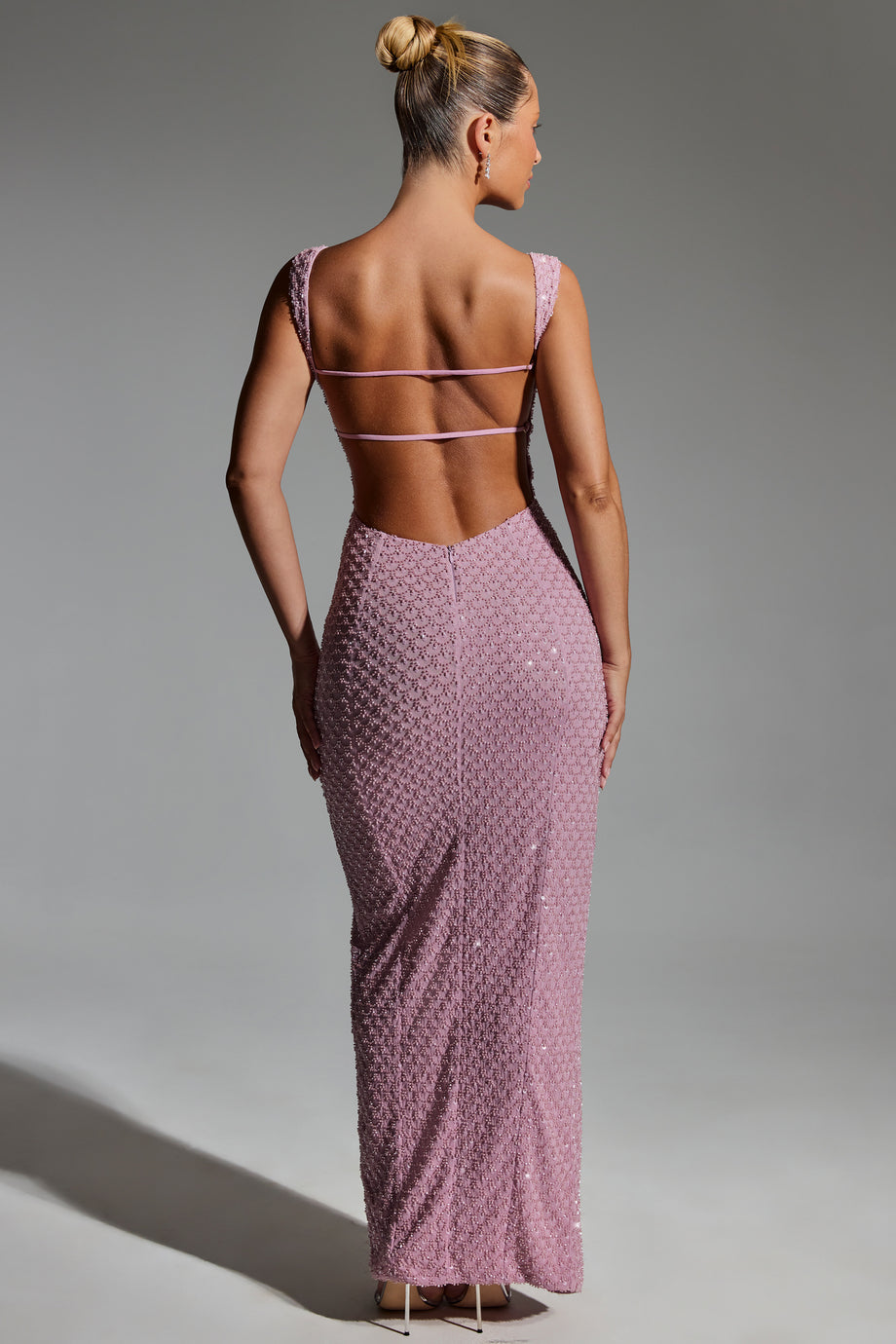 Embellished Open-Back Maxi Dress in Mauve