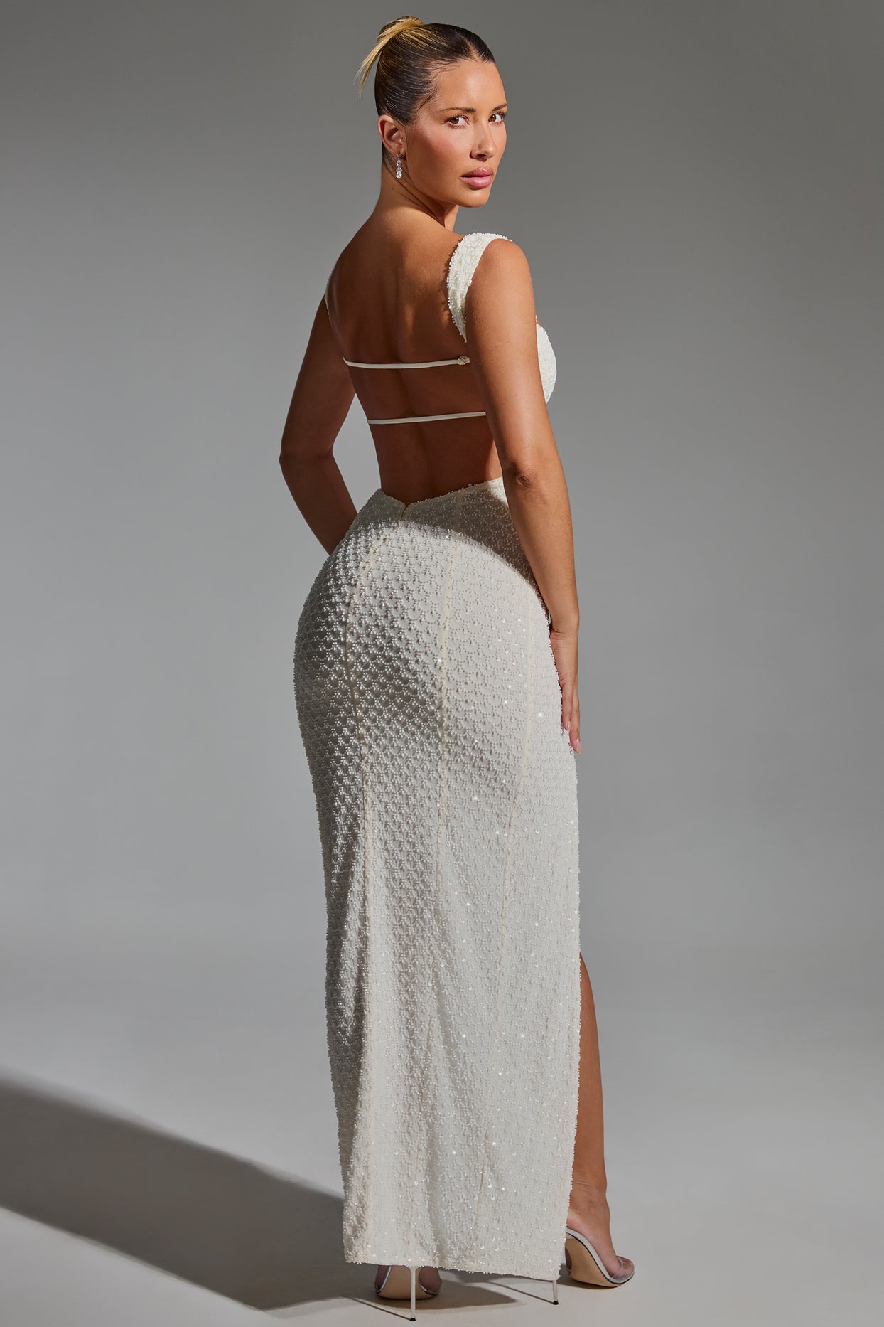Embellished Open-Back Maxi Dress in White
